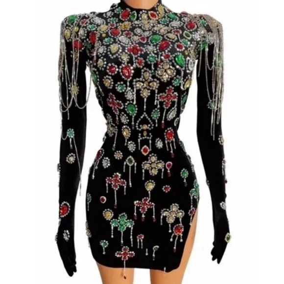 Embellish Glove black,green,red dress chain rhinestone dress. Worn once - Picture 2 of 4